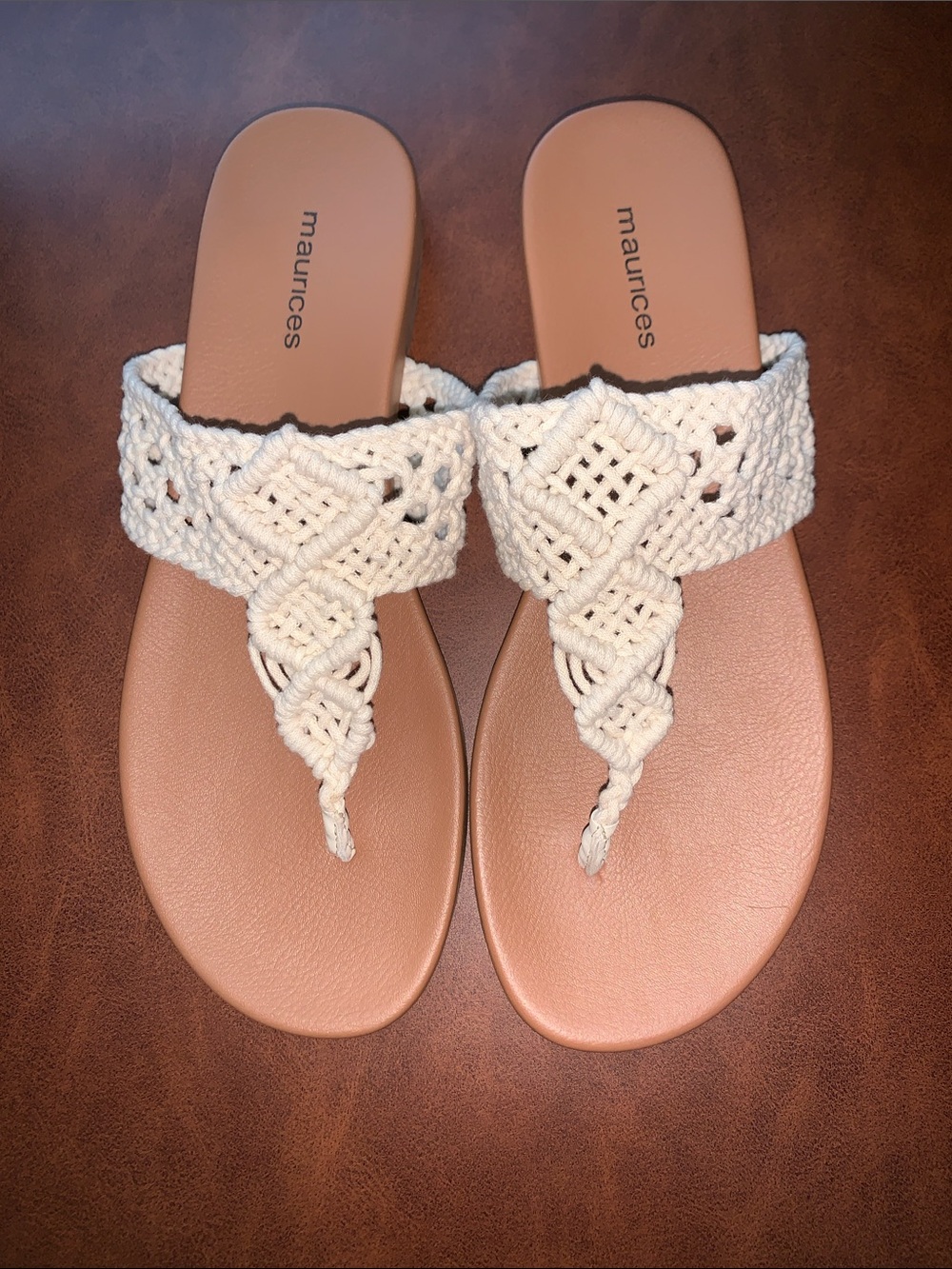 Maurices Tan and White Crochet Sandals